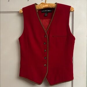 Ellen Tracy/Company Wool Button Down Vest In Red With Brown Suede Trim Size 8